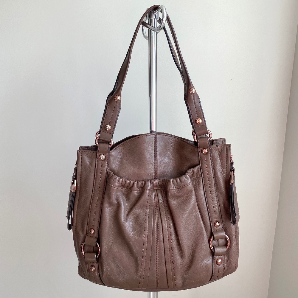 B. Makowsky Brown Leather Organizer Shoulder Bag with Rose Gold Hardware EUC